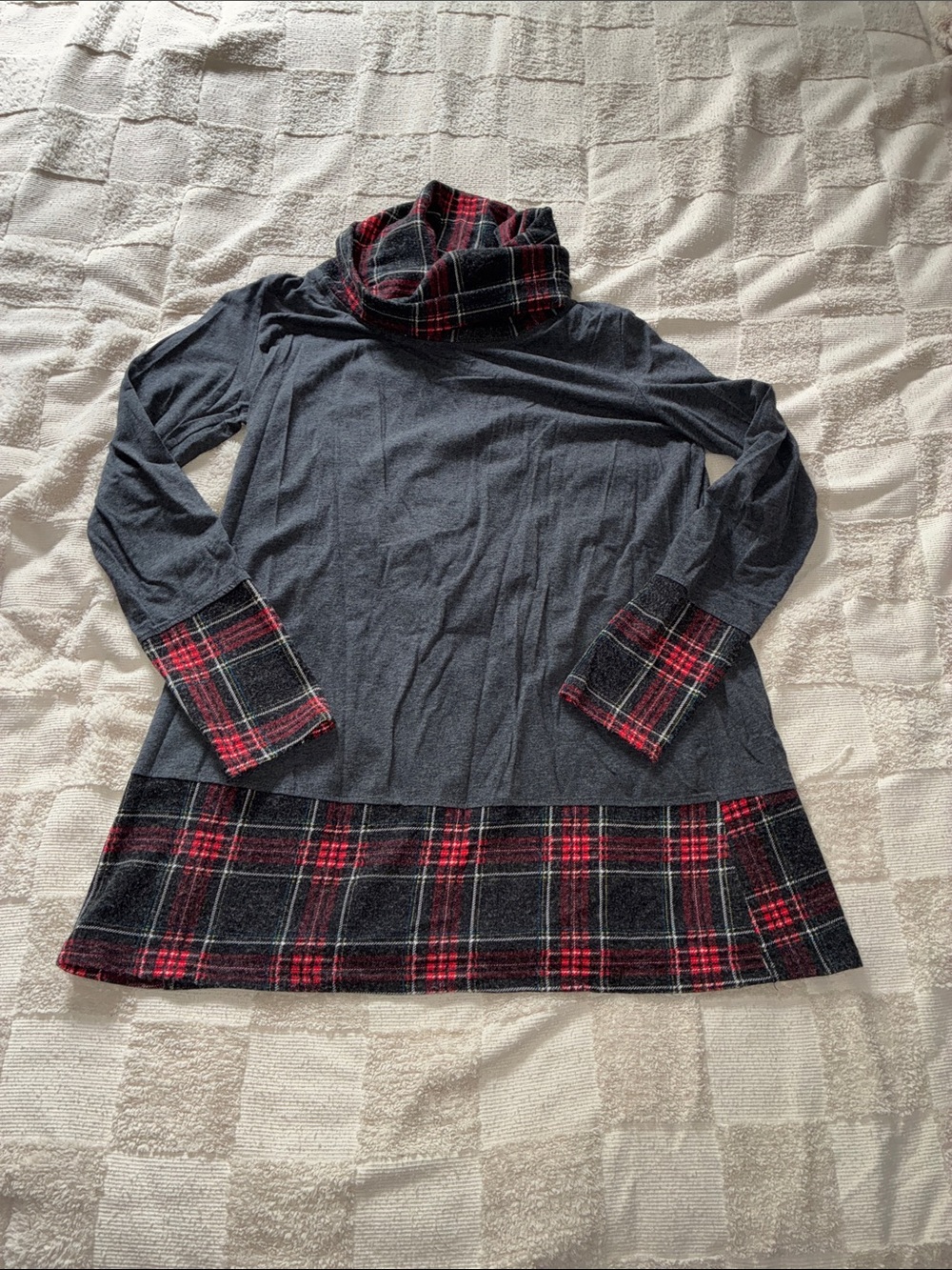 Women's Grey Tunic with Red Plaid Trim - Cozy Cowl Neck